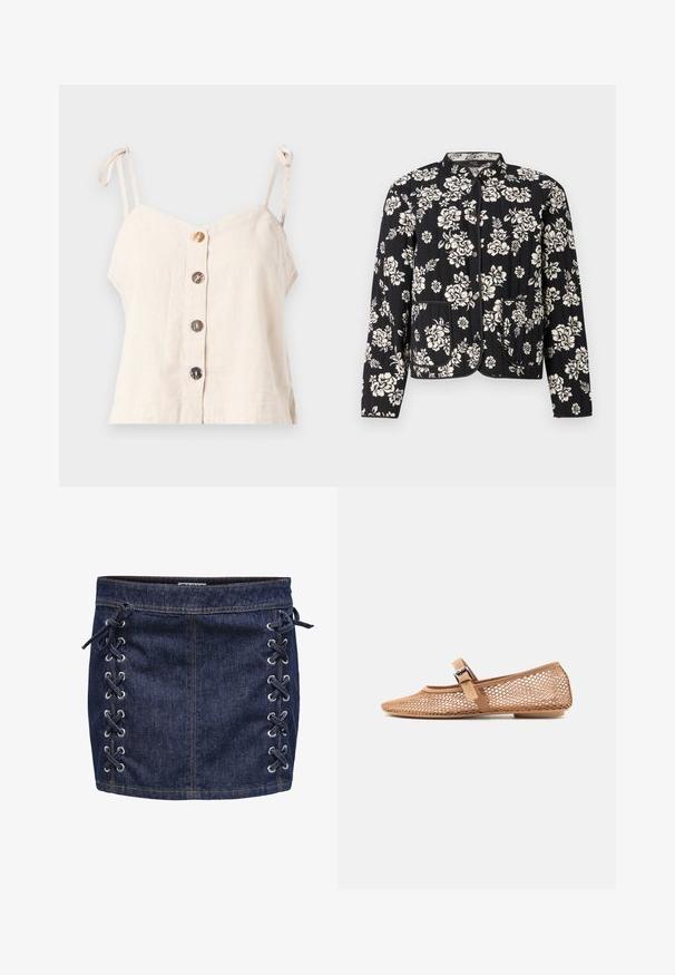 Veste matelassée noire avec motif floral blanc, col rond, et deux poches avant, finie avec un bord contrasté et des fermetures à pression.; Camisole en lin beige clair avec des bretelles réglables, comportant cinq boutons en bois sur le devant et un design ample.; Mini-jupe en denim bleu foncé avec détail de laçage sur le côté et œillets en argent. Présente une texture lisse et des coutures contrastées.; Chaussure Mary Jane plate beige avec bride à boucle, présentant un design en maille et un petit talon sur un fond blanc uni.