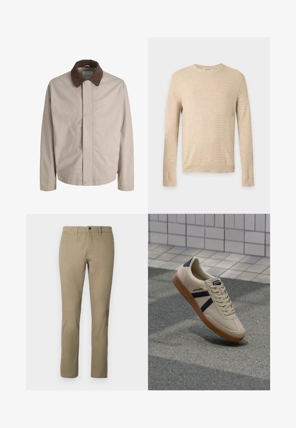 Veste beige boutonnée avec col en velours côtelé marron, manches longues droites et texture de tissu lisse.; Pull en maille beige à manches longues texturé avec col rond et bords-côtes aux poignets et à l’ourlet, présenté sur un fond uni gris clair.; Chinos kaki en mélange de coton, avec une coupe droite, une taille standard avec fermeture à bouton et des poches latérales.; Baskets beiges avec une finition texturée, bandes navy et semelle en caoutchouc. Équipées d'une languette rembourrée et d'un système de laçage traditionnel pour un maintien sécurisé.