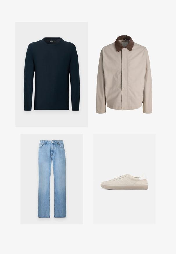 Veste beige boutonnée avec col en velours côtelé marron, manches longues droites et texture de tissu lisse.; Pull à manches longues bleu marine à col rond, coupe slim, avec un détail subtil de couture verticale au centre.; Jean droit en denim bleu clair avec bouton à l'avant et poches, présenté sur un fond blanc uni.; Baskets en daim beige avec une tige texturée, un contrefort de talon blanc lisse, de fines lacets et une semelle extérieure en caoutchouc. Présente un design bas profil.