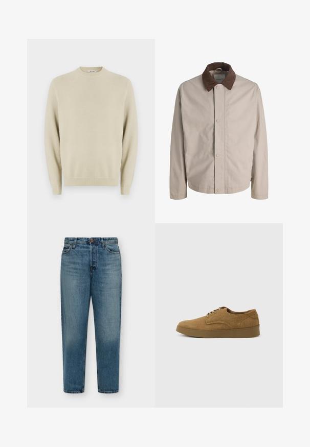 Veste beige boutonnée avec col en velours côtelé marron, manches longues droites et texture de tissu lisse.; Pull en maille beige avec un col rond, des manches longues, des poignets côtelés et un motif texturé sur l'ensemble. Convient pour une tenue décontractée.; Jean en denim bleu avec coupe droite, fermeture avant par bouton et fermeture éclair, et design cinq poches sur un fond uni.; Chaussure décontractée à lacets en daim marron avec semelle en caoutchouc plate, vue de côté sur un fond clair uni.