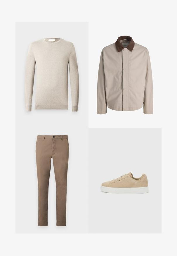 Veste beige boutonnée avec col en velours côtelé marron, manches longues droites et texture de tissu lisse.; Pull beige à manches longues avec col rond, poignets et ourlet côtelés, présenté sur un fond clair uni.; Pantalon marron ajusté pour homme avec fermeture à boutons et zip sur le devant, passants de ceinture et poches latérales, présenté à plat sur fond blanc.; Baskets basses en daim beige avec fermeture à lacets et semelle en caoutchouc blanc sur fond gris clair.
