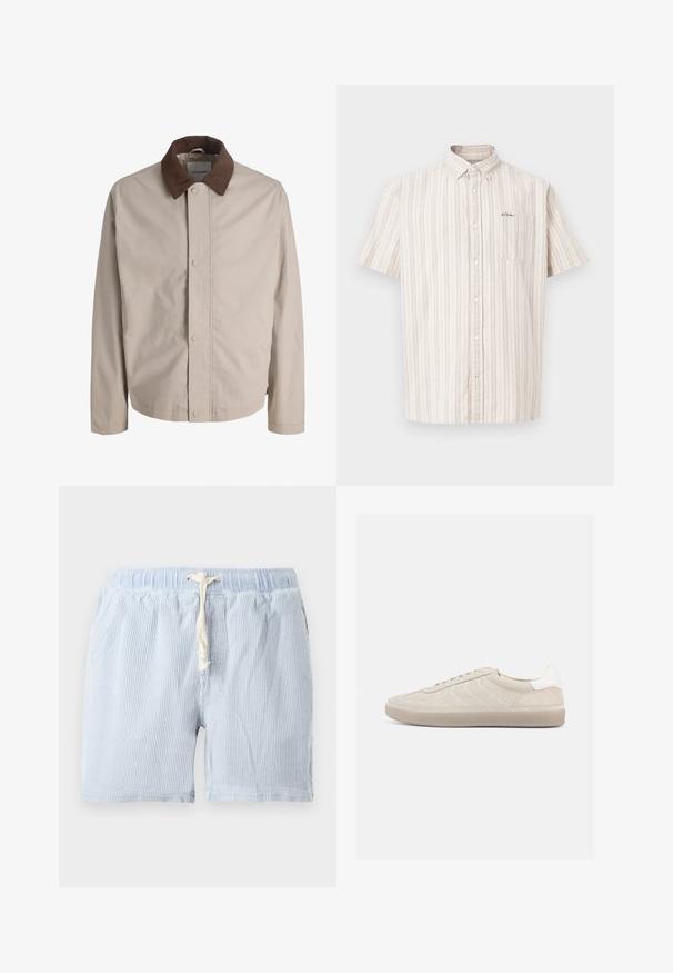 Chaqueta beige con botones, cuello de pana marrón, mangas largas rectas y textura de tela lisa.; Camisa beige de manga corta con botones, con finas rayas marrones verticales y un bolsillo en el pecho con texto pequeño bordado.; Pantalones cortos a rayas de color azul claro, hechos de un tejido suave con cintura elástica y cordón. Con bolsillos laterales y un corte relajado.; Zapatilla beige de ante con parte superior texturizada, contrafuerte de talón blanco liso, cordones finos y suela de goma. Presenta un diseño de perfil bajo.