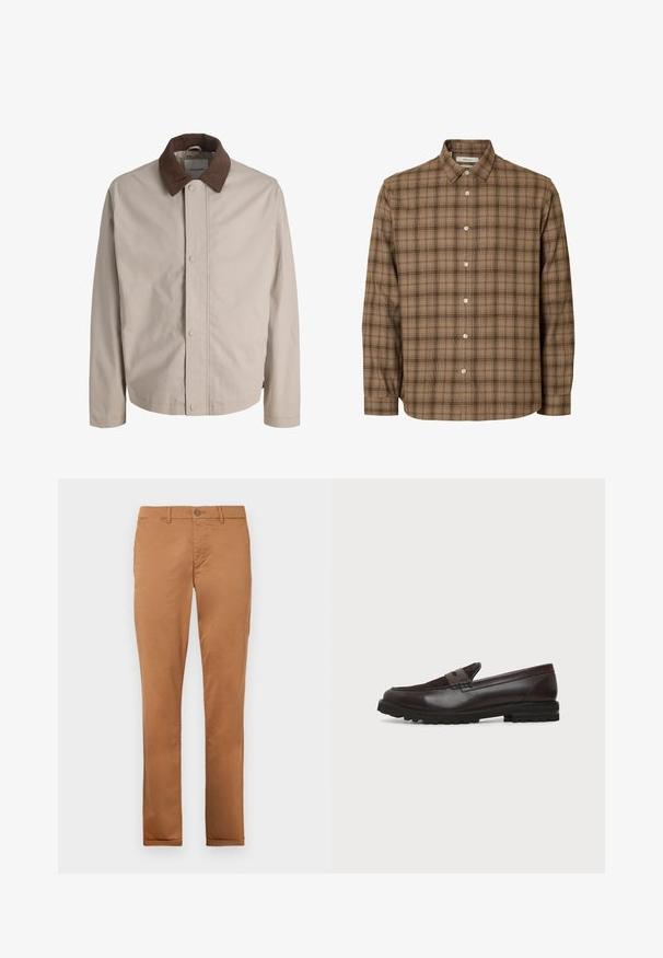 Veste beige boutonnée avec col en velours côtelé marron, manches longues droites et texture de tissu lisse.; Chemise à manches longues marron à carreaux avec col, boutons blancs et ourlet droit, présentée sur un fond blanc uni.; Chinos en coton marron avec une coupe slim, dotés d'une fermeture à bouton, de poches latérales et d'une texture lisse.; Mocassin penny en cuir et daim marron foncé avec semelle épaisse en caoutchouc noir, profil latéral sur fond blanc.
