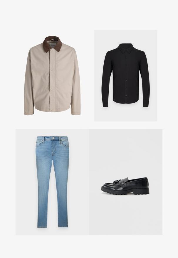 Beige jakke med knapper, brun fløjlskrave, lige lange ærmer og en glat stoftekstur.; Sort langærmet skjorte lavet af blødt stof med knaplukning foran, klassisk krave og knappede manchetter. Glat tekstur uden mønstre.; Lysblå slim-fit denimjeans med knap foran, lynlås, bæltestropper og fem-lomme design, vist på en hvid baggrund.; Sorte læder loafers med en blank finish, kraftig gummisål og dekorativt frynse-detalje på forsiden.