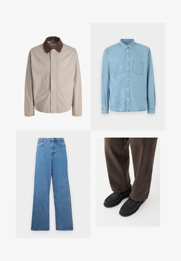 Beige jas met knopen, een bruine corduroy kraag, rechte lange mouwen en een gladde stoftextuur.; Lichtblauw denim overhemd met lange mouwen, een button-down kraag, een borstzak aan de voorkant en witte knopen middenvoor en op de manchetten.; Blauwe denim jeans met een hoge taille, wijde pijpen, knopen aan de voorkant, ritssluiting, riemlussen en voor- en achterzakken.; Zwarte leren schoenen met een gladde afwerking, ronde neus en vetersluiting, gecombineerd met textuurrijke bruine broek. Vanuit een laag perspectief gezien.