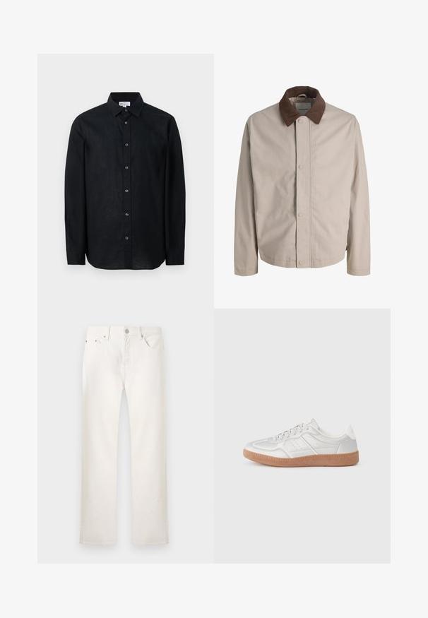 Veste beige boutonnée avec col en velours côtelé marron, manches longues droites et texture de tissu lisse.; Chemise noire à manches longues avec boutons et col, présentée à plat sur un fond blanc.; Jean blanc à jambes droites avec cinq poches, fermeture par bouton et passants pour ceinture, présenté sur un fond clair uni.; Baskets argentées avec une texture lisse, un design à lacets, des accents perforés et une semelle en caoutchouc marron texturé.