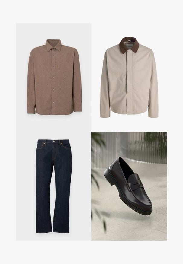 Veste beige boutonnée avec col en velours côtelé marron, manches longues droites et texture de tissu lisse.; Chemise marron à manches longues en tissu texturé, avec un devant à boutons, un col pointu et des boutons visibles le long de la patte de boutonnage.; Jean droit en denim bleu foncé avec poches avant, rivets en cuivre et fermeture par bouton.; Mocassins en cuir marron avec une semelle en caoutchouc texturée et striée. Présente un design épuré et une sangle décorative sur le cou-de-pied.