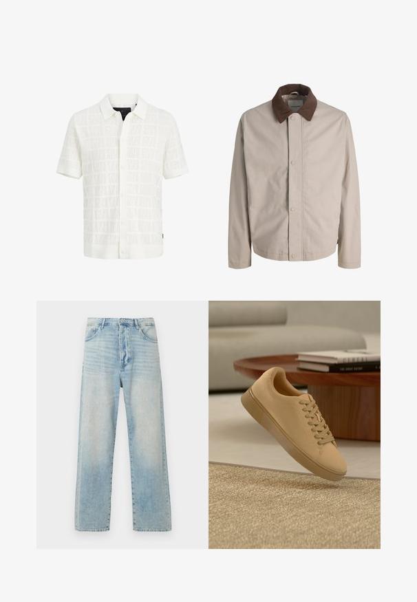 Veste beige boutonnée avec col en velours côtelé marron, manches longues droites et texture de tissu lisse.; Chemise blanche à manches courtes, boutonnée, avec col et motif carré texturé sur fond uni.; Jean bleu clair taille haute à jambes droites avec bouton et fermeture éclair à l’avant, design classique à cinq poches sur fond blanc.; Baskets beiges à lacets flottant au-dessus d'un tapis texturé avec une table basse en bois et des livres empilés en arrière-plan flou.