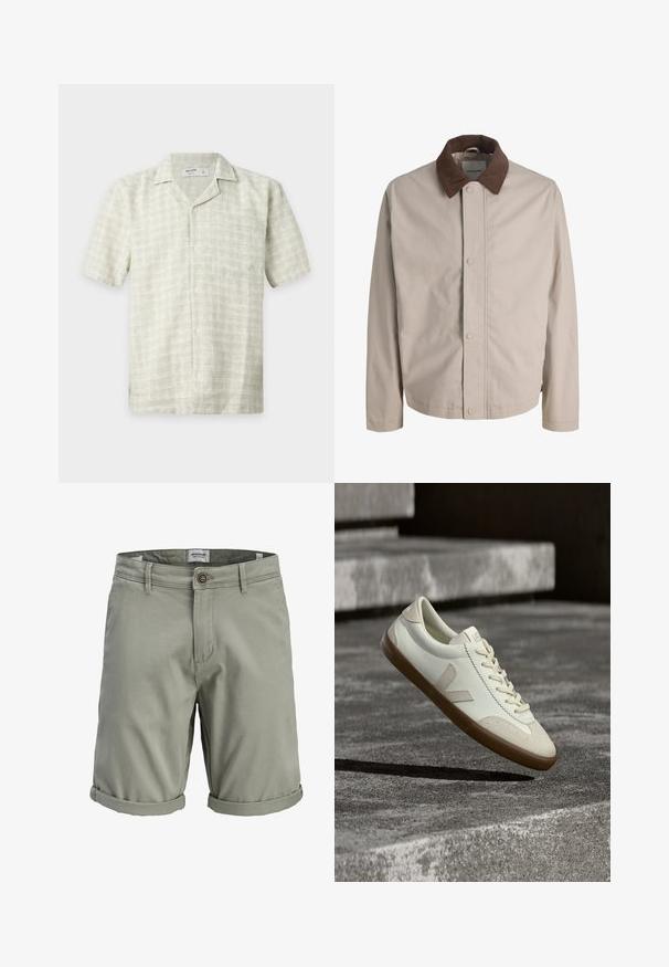 Veste beige boutonnée avec col en velours côtelé marron, manches longues droites et texture de tissu lisse.; Chemise beige clair à manches courtes avec boutons, motif à carreaux discret et une poche avant, posée à plat sur un fond blanc.; Short vert clair, longueur genou, avec ourlets roulés, bouton à l'avant, braguette zippée, passants de ceinture et poches latérales. Aucun motif ou dessin visible.; Baskets en cuir blanc avec semelle en caoutchouc beige, lacets plats et accent en forme de V sur le côté. Présentent une surface lisse et peu de détails de couture.