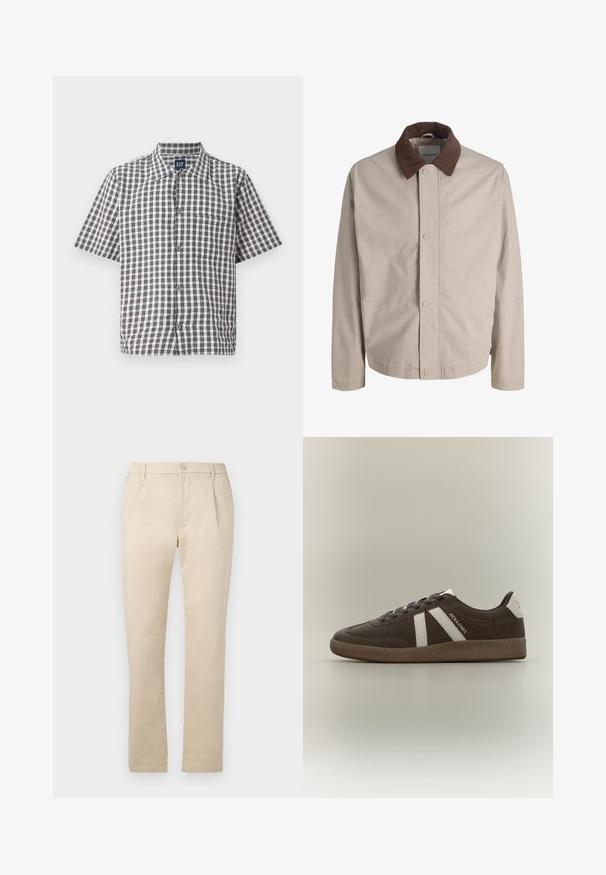 Veste beige boutonnée avec col en velours côtelé marron, manches longues droites et texture de tissu lisse.; Chemise à manches courtes, à carreaux noir et blanc, boutonnée, avec col et poche poitrine, marque GAP.; Pantalon beige droit avec fermeture par bouton et fermeture éclair, passants pour ceinture et côtés élastiques à la taille.; Basket en daim marron avec des bandes blanches, un renfort de talon blanc, une semelle gomme et le texte "JACK & JONES" sur le côté, présentée de profil sur un fond uni.