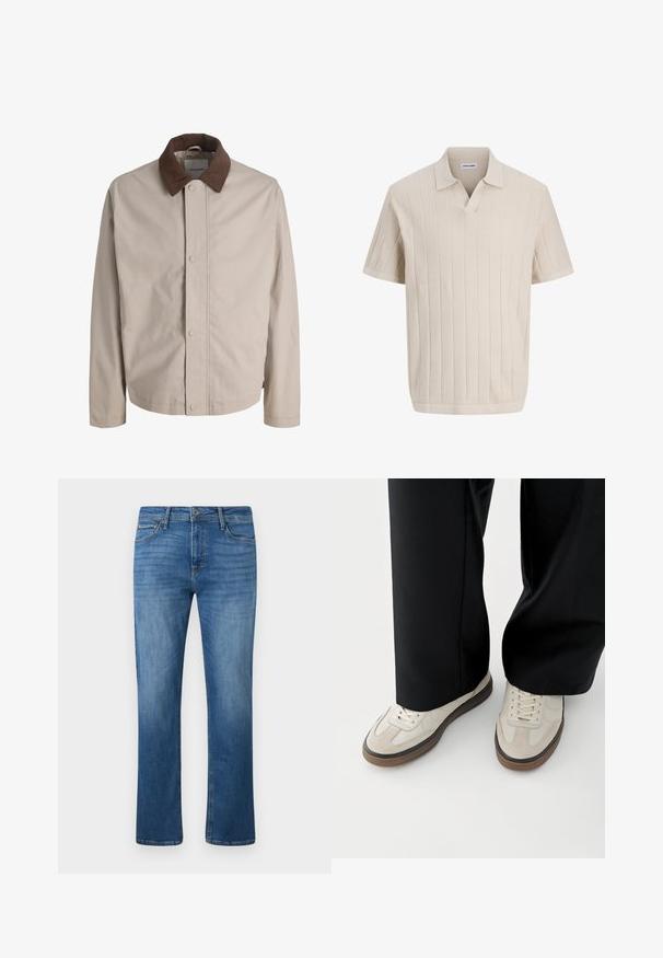 Beige jakke med knapper, brun fløjlskrave, lige lange ærmer og en glat stoftekstur.; Beige kortærmet strikket polo med lodret ribbet mønster og åben V-hals, mærket "JACK & JONES".; Blå straight-leg jeans med frontknap og lynlås, fem lommer og let falmning på lårene mod en ensfarvet lys baggrund.; Fødder iført beige sneakers med brune såler og sorte bukser med vide ben på hvid baggrund.