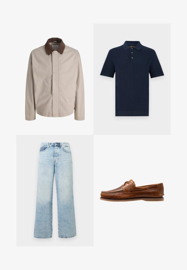 Veste beige boutonnée avec col en velours côtelé marron, manches longues droites et texture de tissu lisse.; Polo en maille à manches courtes bleu marine avec patte à trois boutons et col, poignets et ourlet côtelés, présenté sur fond blanc.; Jean en denim bleu clair taille haute avec une fermeture à bouton et fermeture éclair, poches avant et coupe large.; Chaussures bateau en cuir marron avec des accents cousus, présentant des œillets en métal, une couture surélevée sur le bout et une semelle plate en caoutchouc.