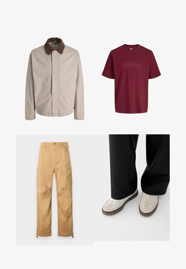 Veste beige boutonnée avec col en velours côtelé marron, manches longues droites et texture de tissu lisse.; T-shirt en coton bordeaux à manches courtes avec col rond et texte "Nineteen Ninety Originals 1990 Jack&Jones" imprimé sur la poitrine.; Pantalon cargo beige avec poches à rabat sur les côtés, fermeture à boutons, passants pour ceinture et cordons de serrage ajustables à l'ourlet.; Pieds portant des baskets beige avec des semelles marron et un pantalon noir à jambes larges sur fond blanc.