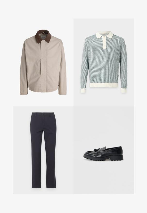 Veste beige boutonnée avec col en velours côtelé marron, manches longues droites et texture de tissu lisse.; Pull polo en maille à manches longues avec motif diagonal bleu et blanc, col blanc, patte de boutonnage et poignets et bas en côtes.; Pantalon slim noir avec fermeture par bouton et zip, passants de ceinture et jambes droites, présenté sur un fond clair.; Mocassins en cuir noir avec une finition brillante, semelle en caoutchouc épaisse et détail de frange décoratif à l'avant.