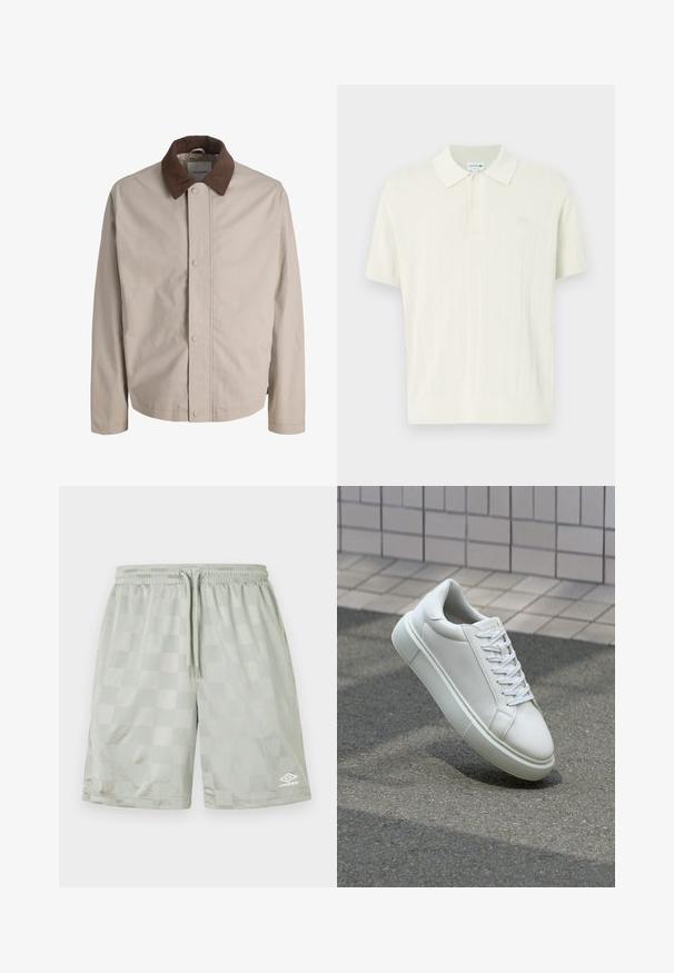 Beige nappipaita, jossa on ruskea corduroy-kaulus, suorat pitkät hihat ja sileä kangaspinta.; Lacoste Pikeepaita - naturel clair; Umbro FOOTBALL SHORT - Verryttelyhousut - harbor mist; Valkoinen nahkainen lenkkari, jossa on sileä pinta, pyöreä kärki ja tasaiset valkoiset nauhat. Varustettu teksturoidulla kumi-pohjalla ja vähäisillä muotoiluelementeillä.