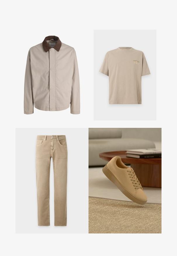 Veste beige boutonnée avec col en velours côtelé marron, manches longues droites et texture de tissu lisse.; T-shirt beige à manches courtes en coton avec col rond et petit imprimé sur la poitrine indiquant "Originals Since 1990" en vert et beige.; Pantalon beige à jambes droites avec fermeture bouton et zip devant, passants pour ceinture et poches avant sur un fond uni clair.; Baskets beiges à lacets flottant au-dessus d'un tapis texturé avec une table basse en bois et des livres empilés en arrière-plan flou.