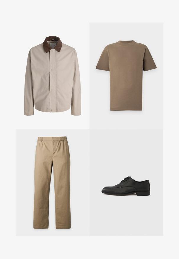 Veste beige boutonnée avec col en velours côtelé marron, manches longues droites et texture de tissu lisse.; T-shirt en coton marron à manches courtes, col rond et coupe droite. Texture lisse, coutures minimales et pas de logos visibles.; Pantalon beige à taille élastique et jambes droites en tissu uni, présenté sur un fond gris clair.; Chaussure noire en cuir à lacets avec une finition lisse, un bout arrondi et un petit talon en caoutchouc. Présente des détails de couture subtils sur la tige.