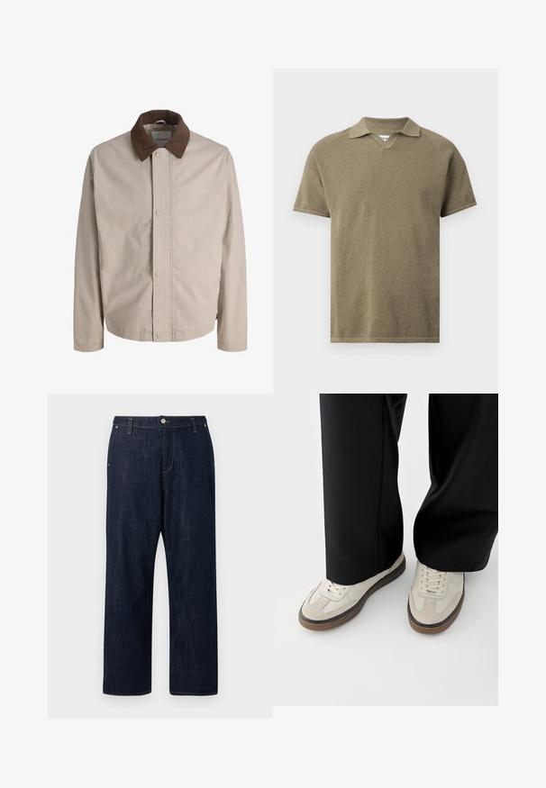 Beige jakke med knapper, brun fløjlskrave, lige lange ærmer og en glat stoftekstur.; Kortærmet olivegrøn, struktureret polo med spredt krave og V-udskæring ved halsen, vist på en ensfarvet baggrund.; Mørkeblå jeans med lige ben, knap og lynlås foran, bæltestropper og lommer, vist mod en ensfarvet baggrund.; Fødder iført beige sneakers med brune såler og sorte bukser med vide ben på hvid baggrund.