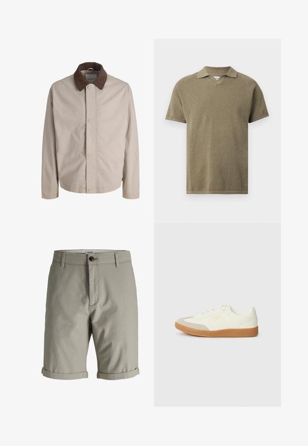 Veste beige boutonnée avec col en velours côtelé marron, manches longues droites et texture de tissu lisse.; Polo à manches courtes vert olive texturé avec un col évasé et une encoche en V au niveau du décolleté, présenté sur un fond uni.; Short pour homme de couleur kaki clair avec fermeture à bouton et à glissière, passants pour ceinture et ourlets retroussés, présenté sur un fond blanc uni.; Baskets en cuir blanc avec une coque beige et une semelle en caoutchouc marron clair. Dotées de lacets blancs plats et d'un logo embossé sur le côté.
