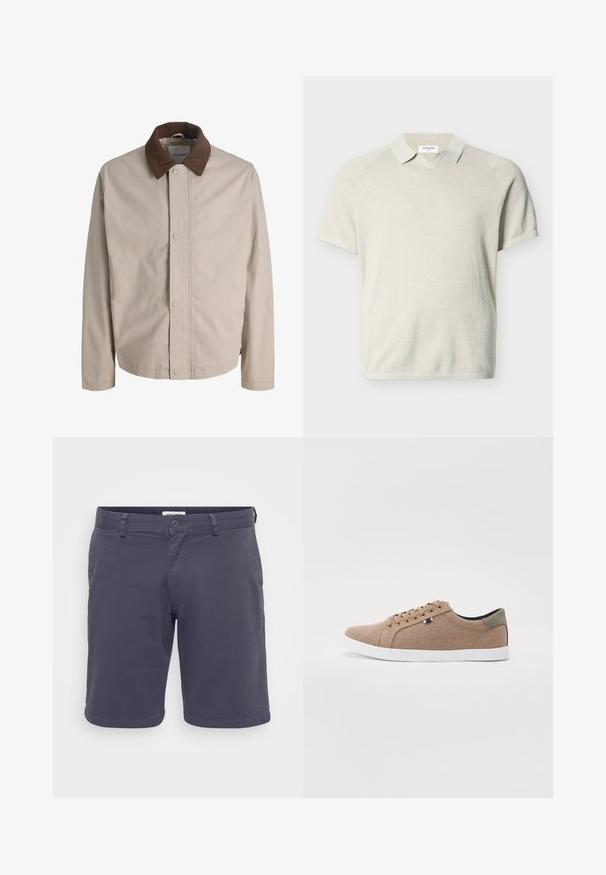 Veste beige boutonnée avec col en velours côtelé marron, manches longues droites et texture de tissu lisse.; Polo beige en maille à manches courtes avec col et motif texturé subtil, étalé à plat sur un fond blanc.; Shorts grises foncés pour homme en tissu léger, dotés d'une fermeture à bouton, de passants de ceinture et d'un design uni sans motifs visibles.; Baskets en toile beige avec un design basse, semelle en caoutchouc blanc et lacets ronds. Présente un accent de talon gris contrastant et un détail de logo.