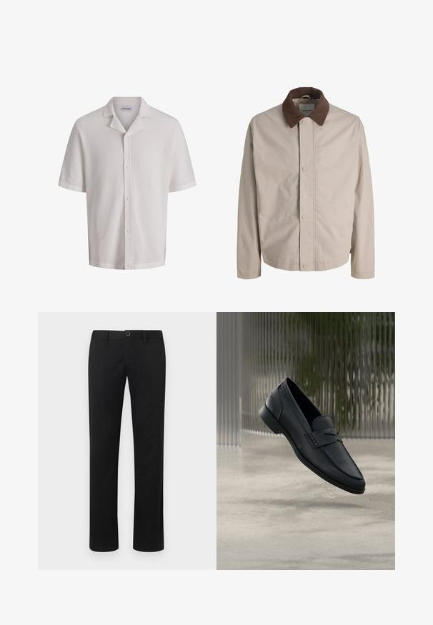 Veste beige boutonnée avec col en velours côtelé marron, manches longues droites et texture de tissu lisse.; Chemise blanche en maille à manches courtes avec boutons et col camp, tissu texturé et étiquette "Jack & Jones" à l'intérieur de l'encolure.; Pantalon noir à jambes droites avec passants pour ceinture, fermeture avant par bouton et zip, présenté sur un fond gris clair.; Mocassin en cuir noir à finition lisse, bout pointu et détails cousus sur le dessus. Talon bas et design minimaliste.