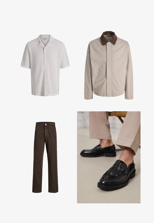Veste beige boutonnée avec col en velours côtelé marron, manches longues droites et texture de tissu lisse.; Chemise blanche en maille à manches courtes avec boutons et col camp, tissu texturé et étiquette "Jack & Jones" à l'intérieur de l'encolure.; Pantalons en coton marron avec une jambe droite, poches avant et fermeture à bouton métallique. Présente une texture lisse et un design minimaliste.; Mocassins en cuir noir avec une finition lisse, ornés d'une sangle décorative et de coutures contrastées, associés à un pantalon beige.