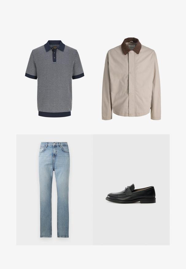 Veste beige boutonnée avec col en velours côtelé marron, manches longues droites et texture de tissu lisse.; Polo homme à manches courtes en maille bleu marine et blanche avec motif ondulé, patte de boutonnage à trois boutons, col, manches et ourlet côtelés.; Jean droit taille haute bleu clair avec fermeture à boutons et fermeture éclair à l'avant, passants de ceinture et design à cinq poches.; Mocassins en cuir noir avec une finition lisse, dotés d'une bande supérieure texturée, d'un talon bas et de détails de couture minimalistes.