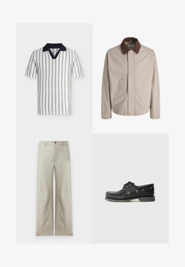 Veste beige boutonnée avec col en velours côtelé marron, manches longues droites et texture de tissu lisse.; Polo en maille à manches courtes avec des rayures verticales noires et bleues sur fond blanc, doté d’un col uni bleu marine foncé et d’une encolure en V.; Pantalon formel beige clair à jambes droites, fermeture avec bouton et fermeture éclair, passants pour ceinture, présenté sur un fond blanc.; Chaussure noire texturée à lacets avec bout rond, œillets en métal et semelle en caoutchouc gris robuste. Présente un motif tissé sur la partie supérieure.