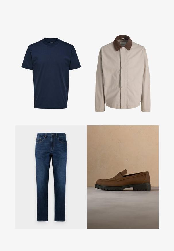 Beige jakke med knapper, brun fløjlskrave, lige lange ærmer og en glat stoftekstur.; Herre plain mørkeblå T-shirt med korte ærmer og rund hals med almindelig pasform og uden synlige mønstre eller logoer.; Mørkeblå denim jeans med lige ben design, der har fem lommer, syede detaljer og en klassisk knaplukning.; Mørkebrune læderloafer med tyk sort gummisål vist over en beige tæppe- og sofa baggrund.
