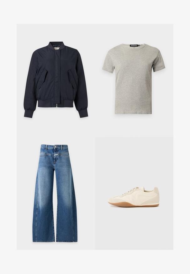 Veste bomber bleu marine foncé avec col, poignets et bas en maille côtelée, poches avant à rabats inclinés et fermeture éclair avant dissimulée.; T-shirt en coton gris clair à manches courtes et col rond avec une étiquette noire visible à l'intérieur du col indiquant "DENIM" et la taille "S."; Jean bleu à jambes larges, taille haute, fermeture à bouton et à zip, passants de ceinture et détails délavés à l'avant.; Baskets beige clair avec une tige en cuir texturé, des panneaux latéraux texturés et une semelle en caoutchouc. Dotées d'un design fin et épuré ainsi que de lacets plats.