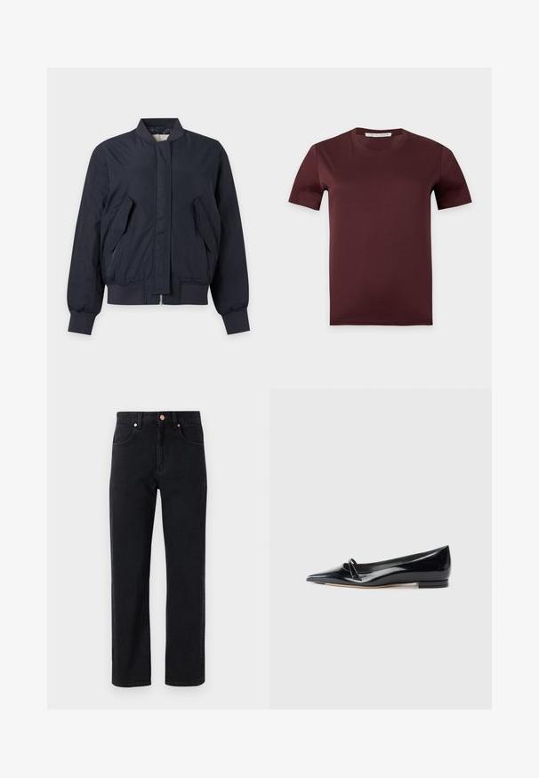 Dunkelmarinefarbene Bomberjacke mit geripptem Kragen, Bündchen und Saum, schrägen Klappentaschen vorne und einem verdeckten Reißverschluss vorne.; Einfarbiges dunkelbraunes T-Shirt mit kurzen Ärmeln und Rundhalsausschnitt mit einem "Tiger of Sweden" Etikett im Kragen auf hellgrauem Hintergrund.; Schwarze Jeans aus Denim mit geradem Bein, Fünf-Taschen-Design, Kupferknopfdetails und minimal sichtbaren Nähten.; Schwarze Lackleder-Ballerina mit spitzem Zehenbereich, kleinem dekorativen Riemen und niedrigem Blockabsatz. Glatte Textur und elegantes Design.