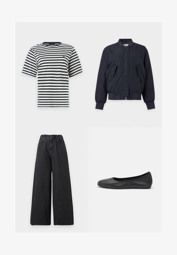 Veste bomber bleu marine foncé avec col, poignets et bas en maille côtelée, poches avant à rabats inclinés et fermeture éclair avant dissimulée.; T-shirt à manches courtes avec col ras du cou, rayures horizontales bleu marine et blanches, et petit logo noir brodé sur la poitrine.; Jean noir à jambes larges et taille haute avec fermeture à boutons, poches avant, et texte vertical discret « Weekend MaxMara » le long des coutures latérales.; Ballerines en cuir noir avec un bout rond, texture lisse, détails de couture minimalistes et design de semelle flexible.