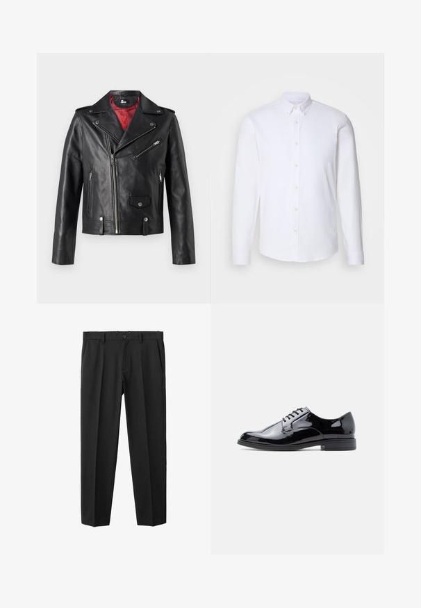 Veste de biker en cuir noir avec des zips en argent et des boutons-pression, dotée d'une doublure intérieure rouge et d'une fermeture frontale asymétrique.; Chemise blanche à manches longues avec boutons, fabriquée dans un tissu lisse, dotée d'un col classique, de huit boutons sur le devant et de poignets standards.; Pantalon noir avec une coupe ajustée, devant plissé, passants pour ceinture et fermeture par bouton. Confectionné en tissu lisse avec une jambe droite.; Chaussure habillée pour homme en cuir verni noir, avec laçage fermé et petit talon empilé, vue de profil sur fond blanc.