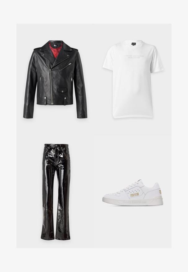 Sort læder bikerjakke med sølv lynlåse og trykknapper, der har en rød indvendig foring og asymmetrisk frontlukning.; Hvid T-shirt med korte ærmer og rund halsudskæring med præget tekst "Armani Exchange Milano New York" på brystet.; Sorte, højtaljede flagrende bukser lavet af blank vinyl med forlommer, lynlås lukning og synlige sømdetaljer.; Hvid lavt sneaksko med perforerede detaljer, snørelukning foran og guld "Versace Jeans Couture" logoer på siden og hælen.