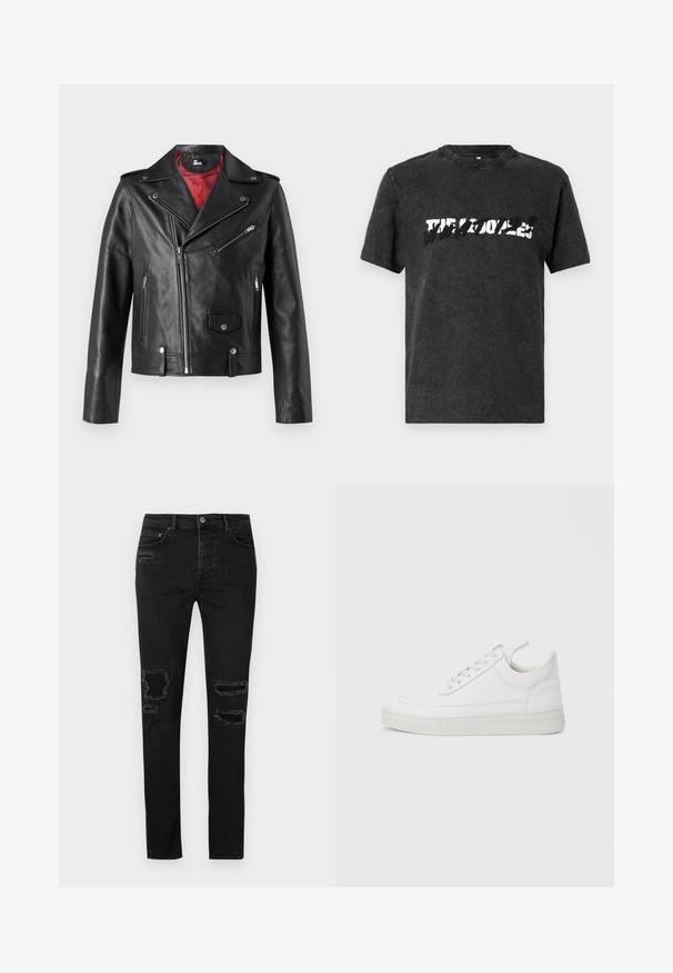 Sort læder bikerjakke med sølv lynlåse og trykknapper, der har en rød indvendig foring og asymmetrisk frontlukning.; Sort bomulds T-shirt med rund halsudskæring, med et dristigt, slidt hvidt grafisk design på brystet. Korte ærmer.; Sorte denimjeans i slim fit med slidte revner ved knæene, tonale syninger og klassisk knap- og lynlåslukning.; Hvid lædersneaker med rundet tå, flad sål og snørebånd foran. Har syningsdetaljer og polstret krave for komfort.