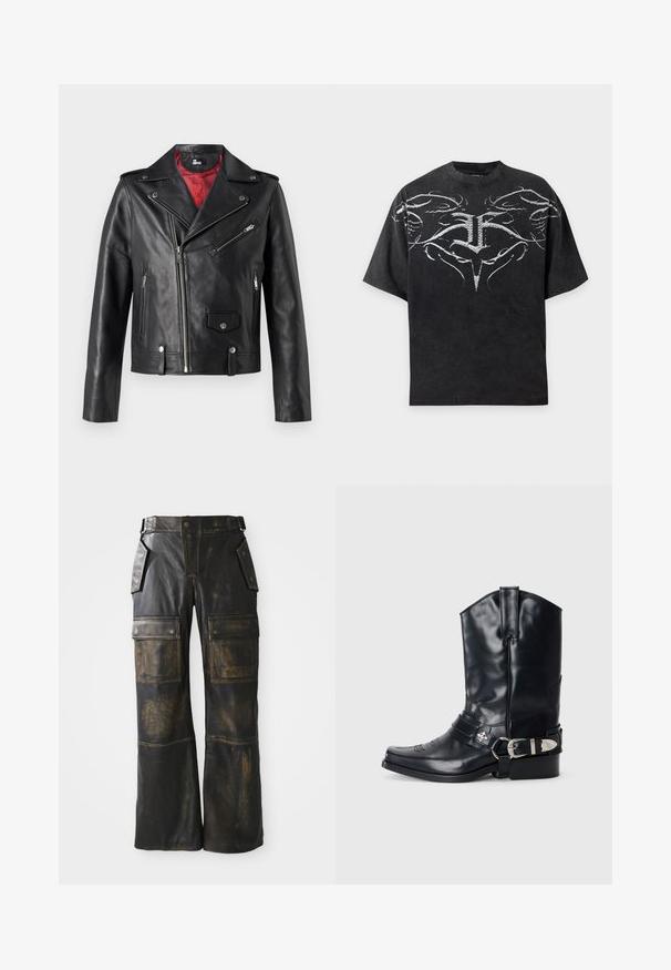 Sort læder bikerjakke med sølv lynlåse og trykknapper, der har en rød indvendig foring og asymmetrisk frontlukning.; Sort oversized T-shirt med hvid symmetrisk abstrakt tribal design over bryst og skuldre.; Sorte læder cargo bukser med en slidt tekstur, der har store sidelommer, høj talje og kontrasterende syninger langs sømmene.; Sort læder cowboystøvle med spidse tæer, høj skaft, dekorativ stitching og sølv spændehardware på remmen. Tekstureret overflade.