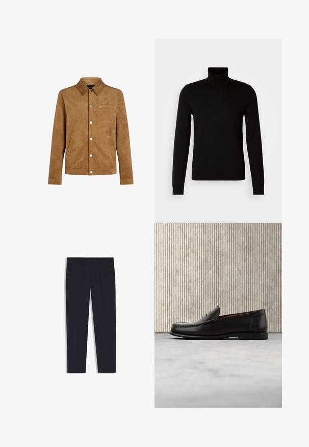 Brun ruskind jakke med krave, trykknapper og sidelommer. Har en brystlomme med en subtil brandingdetalje.; Sort turtleneck sweater lavet af et fint strikket stof, der har lange ærmer og en tætsiddende silhuet. Glat tekstur med ribbede manchetter.; Marinebukser med en skræddersyet pasform, der har to forlommer, en flad frontdesign og en glat tekstur. Ingen synlige mønstre eller udsmykninger.; Sort læder penny loafer med lav hæl, rundet tå og syningsdetaljer langs fronten og siderne, vist på neutral baggrund.