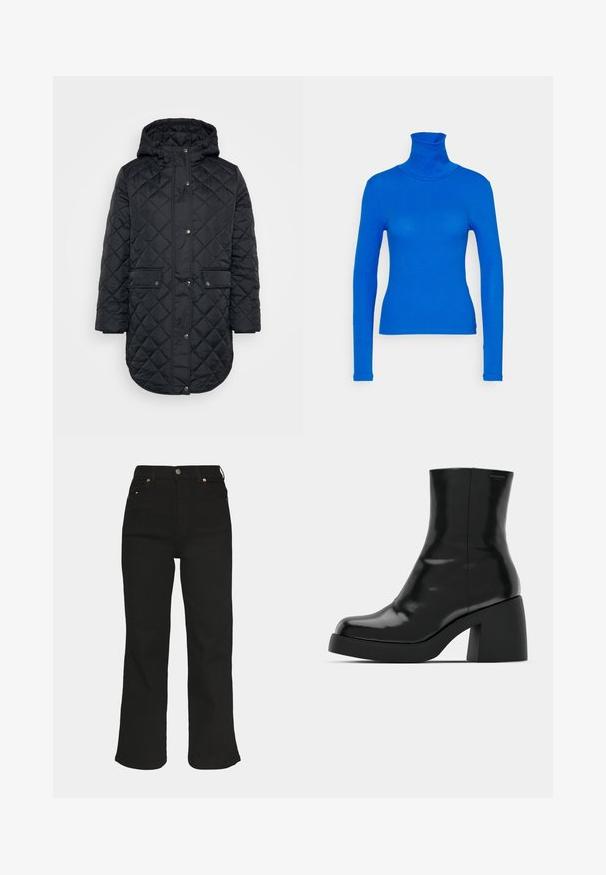 Zwarte gewatteerde jas met capuchon, voorzien van een drukknoopsluiting, twee steekzakken aan de voorkant en een licht gebogen zoom. Gestructureerd oppervlak met diamantpatroon.; Pieces Petite PCKITTE ROLLNECK - Longsleeve - princess blue; Dr.Denim Petite MOXY - Broek - solid black; Zwarte enkellaarzen met een glanzende afwerking, vierkante neus en een dikke blokhak. Het ontwerp heeft een naadloze silhouet en minimale branding.