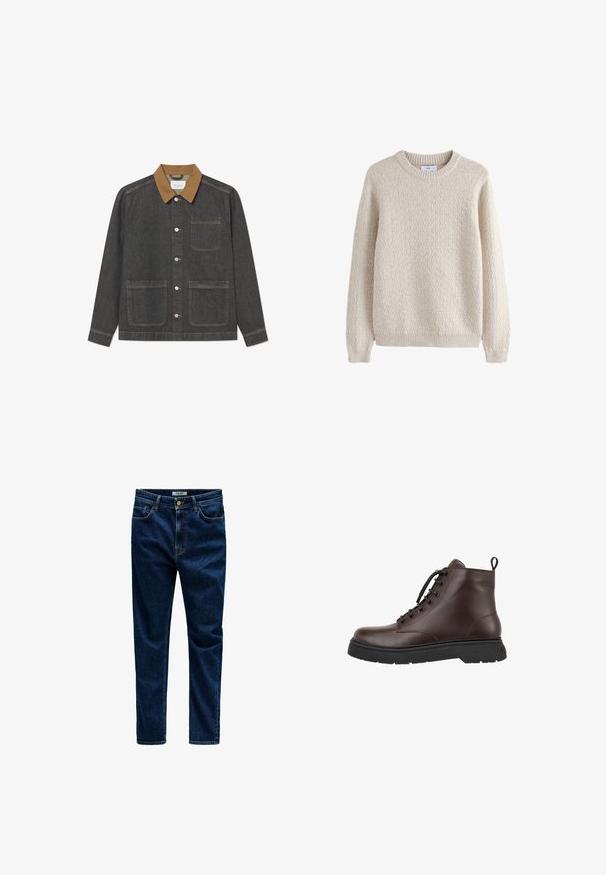 Denimjakke med en mørkegrå krop, brun krave, frontknapper og to store forlommer, med synlige syningsdetaljer.; Lysebeige tekstureret sweater med rund halsudskæring og ribbede manchetter, der har et quiltet mønster over hele kroppen.; Mørkeblå lige denimjeans med fem lommer og kobberknaplukning i taljen, vist mod en hvid baggrund.; Brun læder ankelstøvle med rund tå, snørebåndsdesign, sort gummisål og trækstrop ved hælen. Glat overflade og minimale syninger.