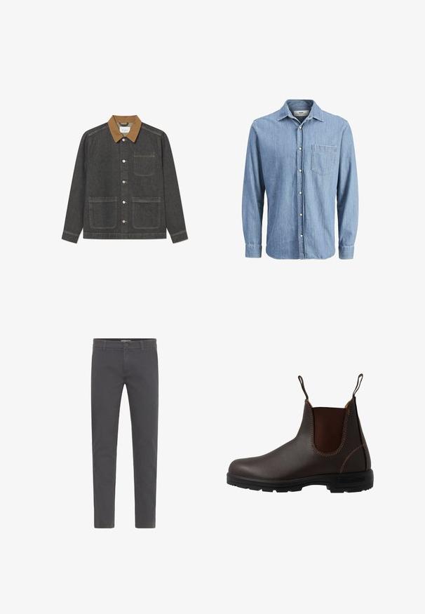Chaqueta de mezclilla con un cuerpo gris oscuro, cuello marrón, botones de presión en el frente y dos grandes bolsillos frontales, con detalles de costura visibles.; Camisa de mezclilla de color azul claro con cuello button-down, mangas largas, un bolsillo en el pecho y logo bordado en el bolsillo.; Pantalones grises de corte ajustado, elaborados en suave algodón. Presentan un cierre con botón, presillas para cinturón y un diseño limpio y aerodinámico. Sin patrones visibles.; Bota Chelsea de cuero marrón con panel elástico lateral, costuras marrones, tiradores y suela de goma resistente con un patrón texturizado.