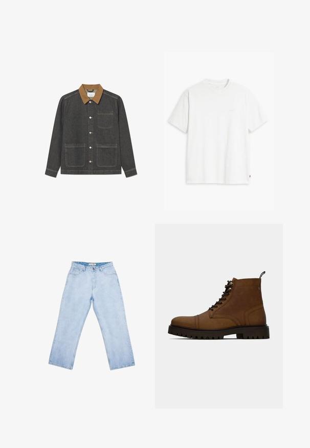 Jeansjacke mit einem dunkelgrauen Körper, braunem Kragen, vorderen Druckknöpfen und zwei großen Fronttaschen, mit sichtbaren Steppnähten.; Weißes Baumwoll-T-Shirt mit kurzen Ärmeln, rundem Ausschnitt und einem dezenten "Levi's"-Logo in heller Farbe auf der Vorderseite.; Hellblaue Jeans mit hoher Taille und geradem Bein, vorne Taschen, Gürtelschlaufen, Knopfverschluss und einem gebrandeten Innenetikett am Bund.; Braune Leder Schnürstiefelette mit dickem schwarzem Profilsohle und Zugschlaufe auf weißem Hintergrund.