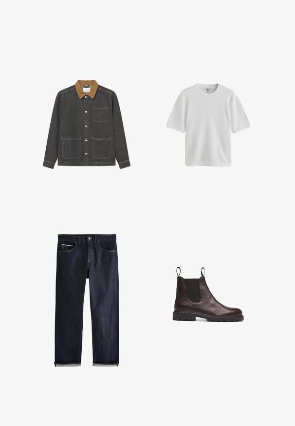 Denimjakke med en mørkegrå krop, brun krave, frontknapper og to store forlommer, med synlige syningsdetaljer.; Hvid kortærmet T-shirt med rund halsudskæring, vist mod en hvid baggrund.; Mørkeblå denimjeans med opsmøgede manchetter, knap- og lynlåslukning, for- og møntlommer samt kontrastsyning på hvid baggrund.; Brune læder Chelsea-støvle med elastiske sidepaneler, struktureret finish og robust sort gummisål med notcher for greb.