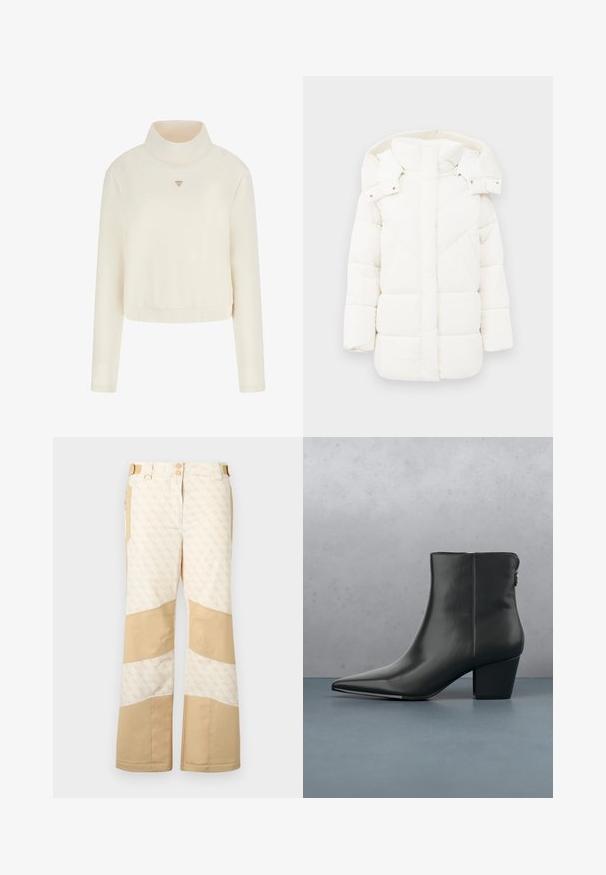 Weißer Daunenjacke mit Kapuze, ausgestattet mit einem strukturierten Innenfutter und geometrischer Nahtzeichnung. Boxy-Schnitt und mittellanges Design erhöhen die Wärme.; Guess Sweatshirt - crema; Beige Schneehose mit gemustertem Stoff und einfarbigen Akzenten. Verfügt über zwei Knöpfe, mehrere Taschen und weite Beine. Strukturiertes Finish.; Schwarze Lederknöchelstiefel mit spitzer Zehe und moderatem Absatz, mit glatter Textur und minimaler Gestaltung, vor einem gemusterten Hintergrund.