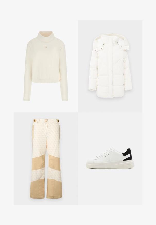 Witte pufferjack met een capuchon, met een gestructureerde voering en geometrische stiksels. De boxy pasvorm en het middellange ontwerp verhogen de warmte.; Guess Sweater - crema; Beige sneeuwbroeken met een patroon en effen kleuraccenten. Voorzien van twee knopen, meerdere zakken en een brede pijp. Textuurafwerking.; Witte leren sneakers met een dikke witte zool, zwarte suède hielaccent en een geperst logo op de zijkant. Vetersluiting met zes oogjes.