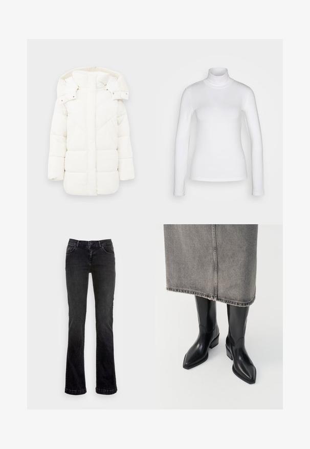 Witte pufferjack met een capuchon, met een gestructureerde voering en geometrische stiksels. De boxy pasvorm en het middellange ontwerp verhogen de warmte.; Witte langemouwen turtle neck shirt van een soepel, rekbaar stof. Heeft een strakke pasvorm en een hoge kraag. Geen zichtbare patronen of accenten.; Zwarte denim flare jeans met een klassiek vijfzakkenontwerp, voorzien van een knoop- en ritssluiting en subtiele stikdetails.; Zwarte leren cowboylaarzen met een spitse neus en een dikke hak, met een gladde afwerking en een strak ontwerp, gecombineerd met een grijze rok.