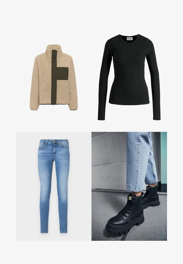 Beigenvärinen fleece-takki oliivinvihreällä vetoketjun etulistalla ja vetoketjullisella rintataskulla, korkealla kauluksella ja pitkillä hihoilla.; Pitkähihainen musta ribattu paita, joka on valmistettu joustavasta kankaasta ja jossa on pyöreä pääntie. Ominaisuuksiin kuuluu saumatonta rakennetta ja istuva muotoilu.; Slim-fit vaaleansiniset farkut, joissa on keski-korkea vyötärö, edessä nappikiinnitys ja viisi taskua.; Henkilö pukeutuneena vaaleansinisiin farkkuihin ja mustiin paksupohjaisiin nauhallisiin saappaisiin seisoo betonilattialla lähellä seinää.