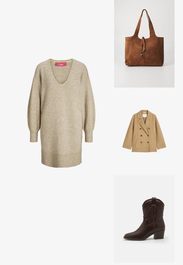 Dubbellaagse camelcoat van een wolmix, met grote donkere knopen, een geknipte kraag en zijzakken. Ruime pasvorm met rechte mouwen.; Beige gebreide jurk met lange mouwen, V-hals en geribbelde manchetten en zoom, met een losse, comfortabele pasvorm.; Bruine leren cowboylaarzen met spitse neuzen, geperste vleugelpatronen, een blokhak van gemiddelde hoogte en een lus aan de achterkant.; Bruine suede tote bag met twee lange handvatten, trekkoordsluiting en een gladde textuur. Kenmerkt zich door een eenvoudig ontwerp en minimale accenten.