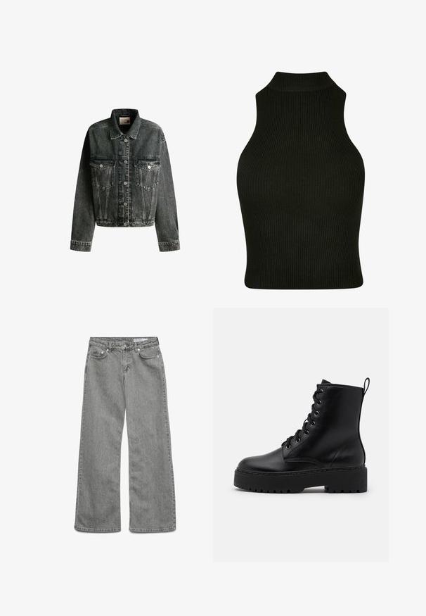 Falmet sort denimjakke med krave, to brystlommer, sølvknapper og en cropped silhuet. Klassisk design med synlig syning.; Sort ribbet top uden ærmer med høj krave, med et tætsiddende design og struktureret stof.; Grå bredbenede jeans lavet af denim. Har fem lommer, en knap- og lynlåslukning samt en subtil falming i stofstrukturen.; Sort læder ankelstøvle med en tykk, tekstureret sål, rund tå og metaløjer til snørebånd. Har en løkke bagpå.