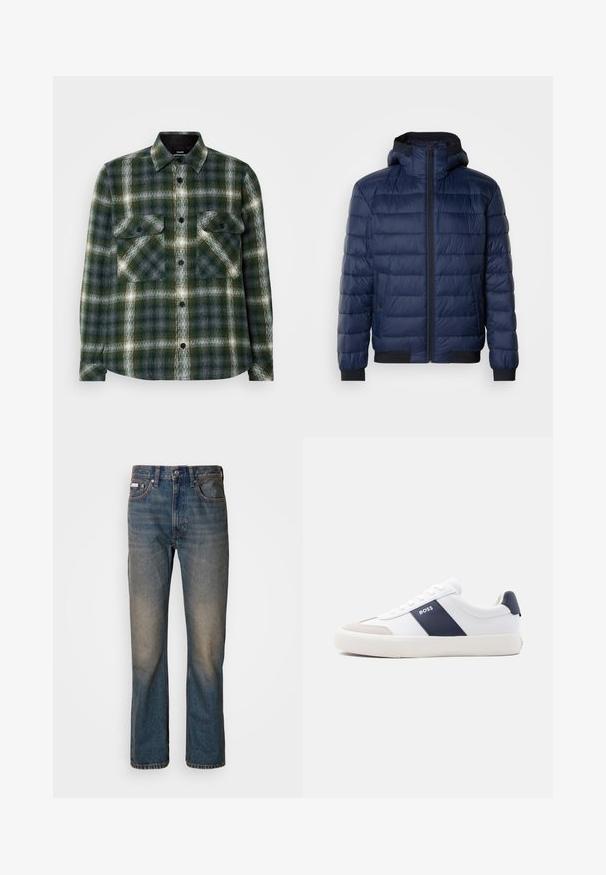 Veste matelassée bleu marine avec fermeture éclair sur le devant, capuche et poignets côtelés. Présente un design matelassé et deux poches latérales. Extérieur lisse et brillant.; Chemise en flanelle à motif écossais vert foncé et gris. Présente deux poches poitrine, des boutons noirs et un col classique. Texture douce.; Jean taille haute bleu en denim, avec une coupe droite, des patchs décolorés et usés, et un style traditionnel à cinq poches.; Baskets blanches basses avec une bande latérale marine, logo "BOSS", bout beige et semelle blanche, présentées de profil sur un fond clair.