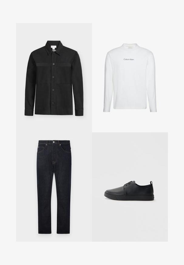 Schwarzes Langarmhemd mit Knöpfen und Kragen sowie einer horizontalen Naht über der Brust, auf hellem einfarbigem Hintergrund gezeigt.; Weißes Langarmshirt mit Rundhalsausschnitt und schwarzem Druck "Calvin Klein" mittig auf der Brust.; Dunkelblaue Denim-Jeans mit geradem Bein, ausgestattet mit fünf Taschen, kontrastierenden orangen Nähten und einem Knopfverschluss an der Taille.; Schwarze Leder-Sneaker mit glatter Oberfläche, abgerundeter Zehenpartie, gleichfarbiger Nähte, schnürbarem Vorderteil und flacher Gummisohle. Schlaufe an der Ferse.